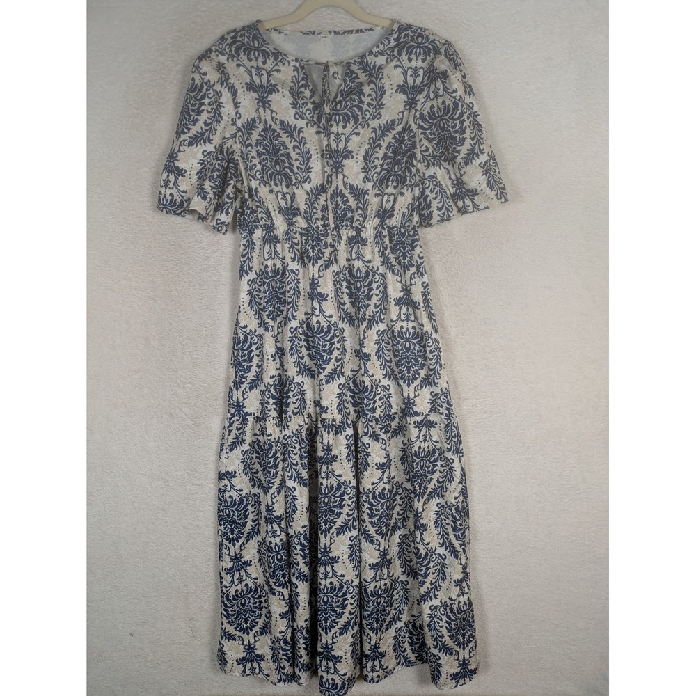 Maxi Dress Women's Size M Blue Damask Tiered Flutter Sleeve Keyhole